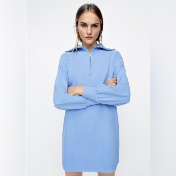 ZARA Women’s Sweater Dress Long Sleeve Mock Neck Quarter Zip Soft BLUE Size S - Picture 2 of 7